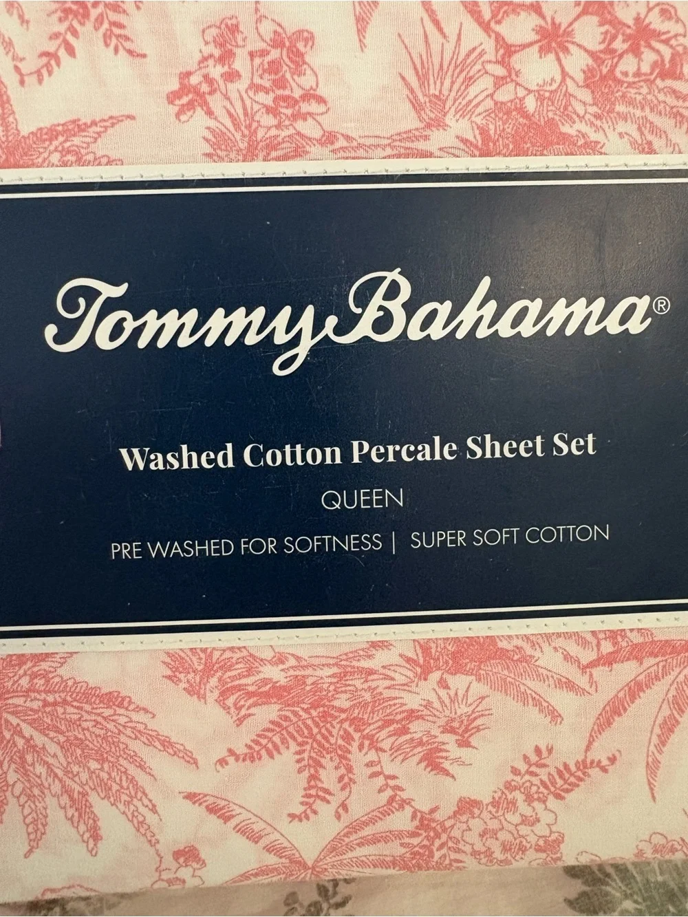 Tommy Bahama NWT Queen 100% Cotton Percale Sheet Set in Pen and Ink Palm/Pink